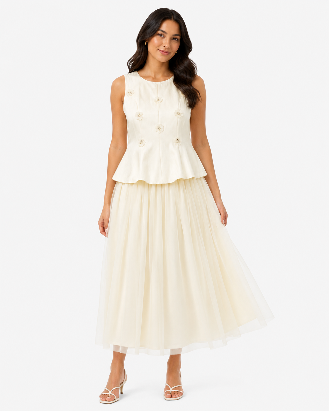 Women’s Ivory Floral Peplum Top & Tulle Maxi Skirt Set