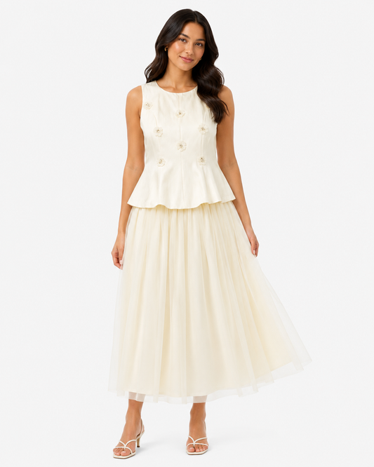 Women’s Ivory Floral Peplum Top & Tulle Maxi Skirt Set