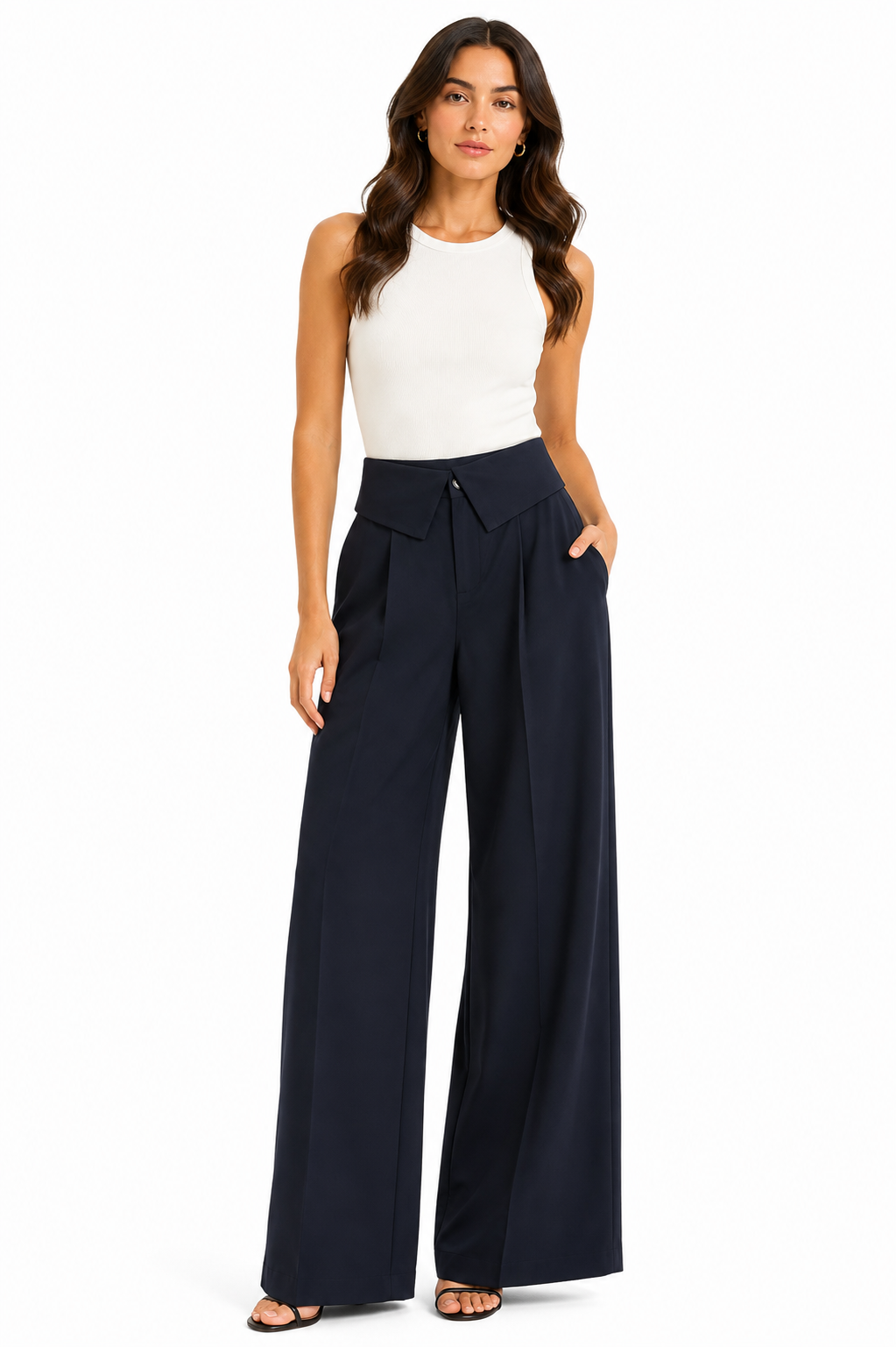 Navy high-waisted Wide-leg Tailored Trousers