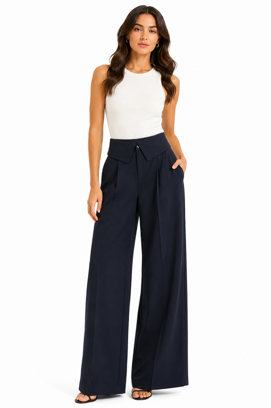 Navy high-waisted Wide-leg Tailored Trousers