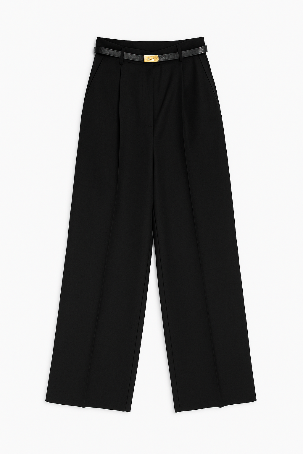 High-Waisted navy Tailored Trousers with Gold-Buckle Belt
