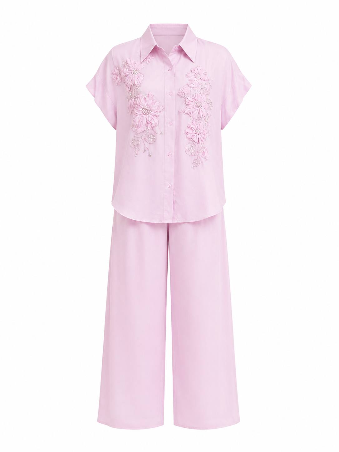 Blush pink floral shirt& wide-leg pants set