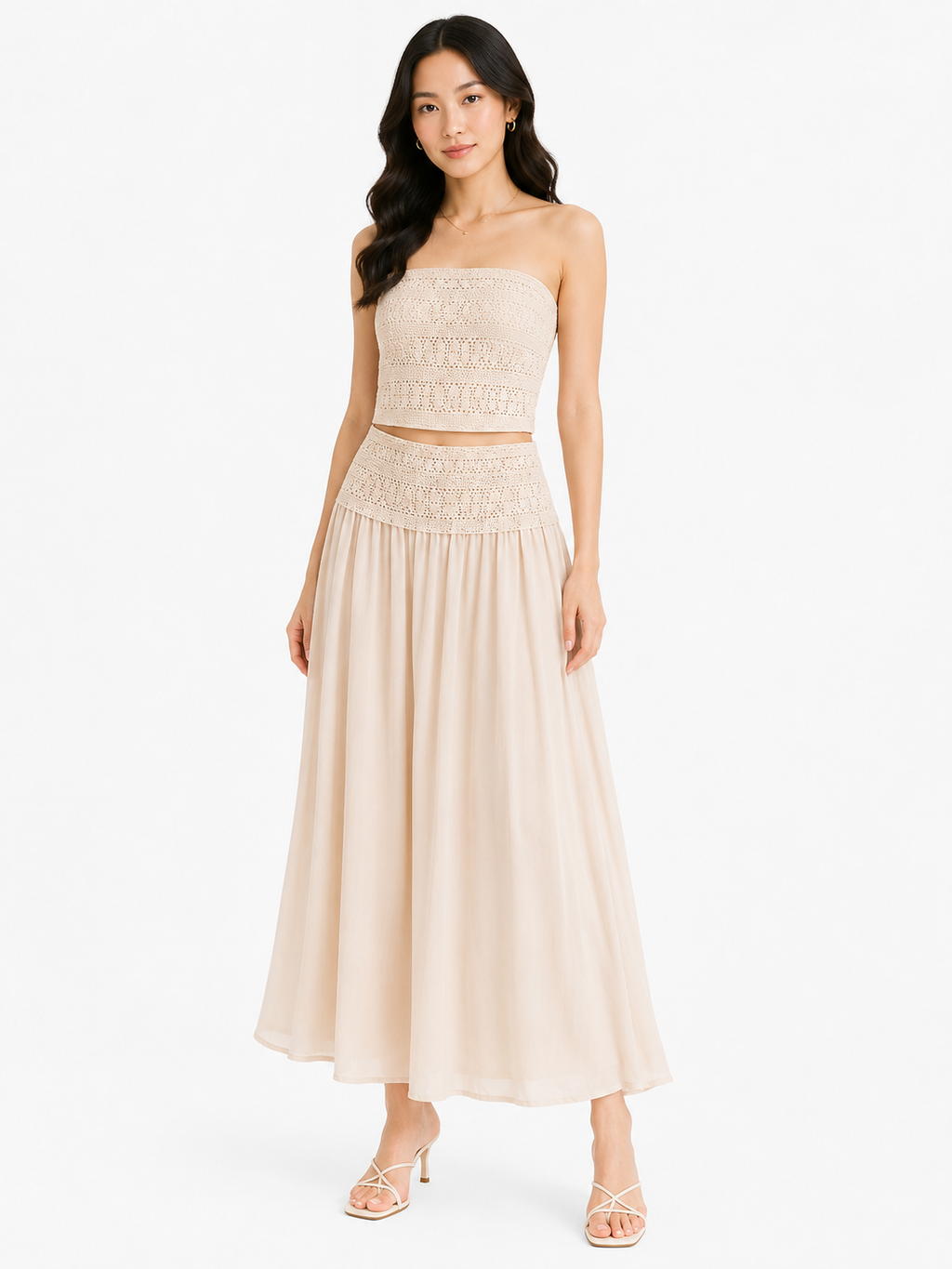 Women’s Cream Crochet Strapless Top & Maxi Skirt Set