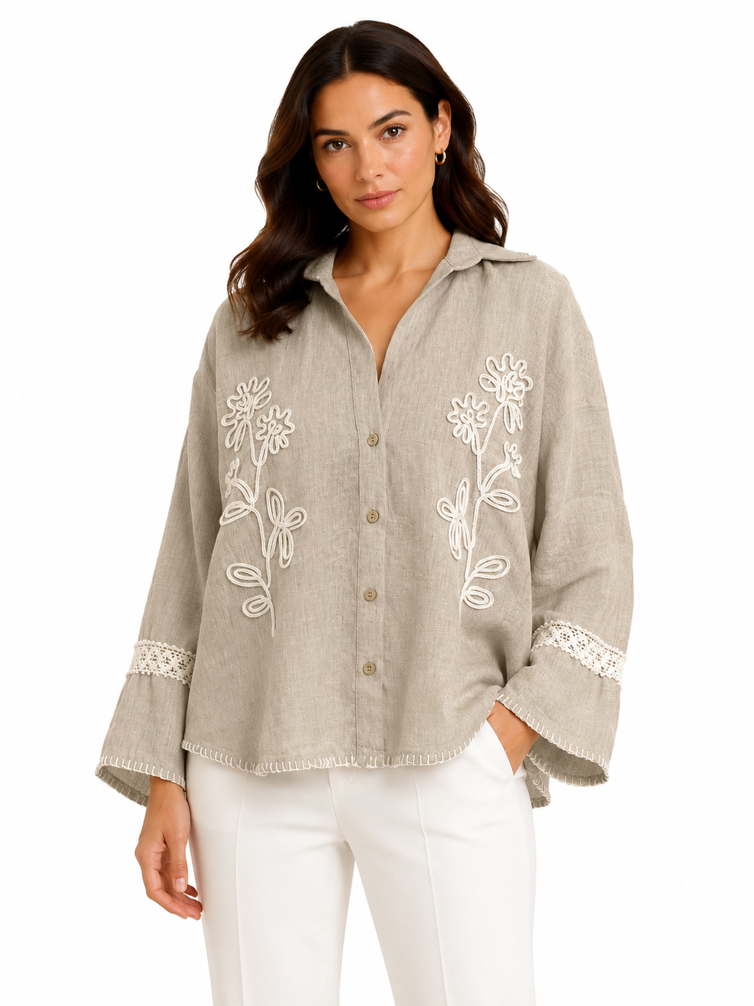 Women beige floral embroidered line blouse