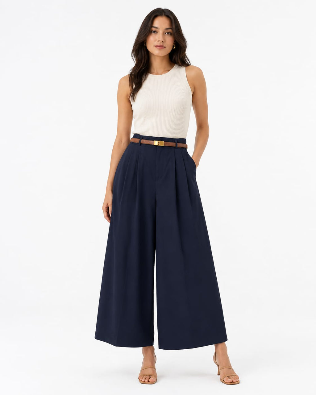 Navy Belted Wide-Leg Trousers