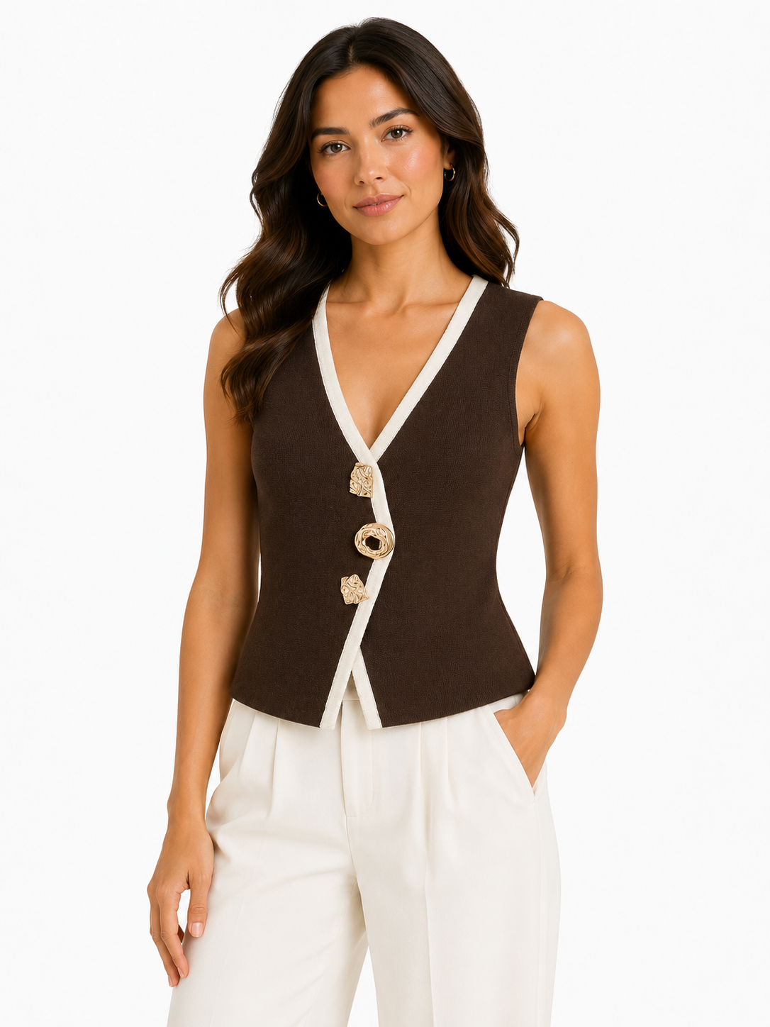 Contrast trim knit vest - chocolate brown