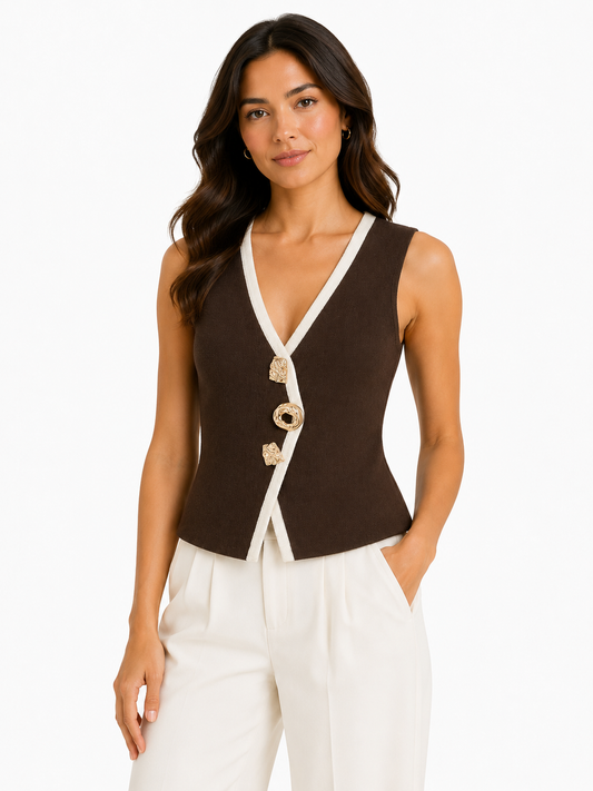 Contrast trim knit vest - chocolate brown