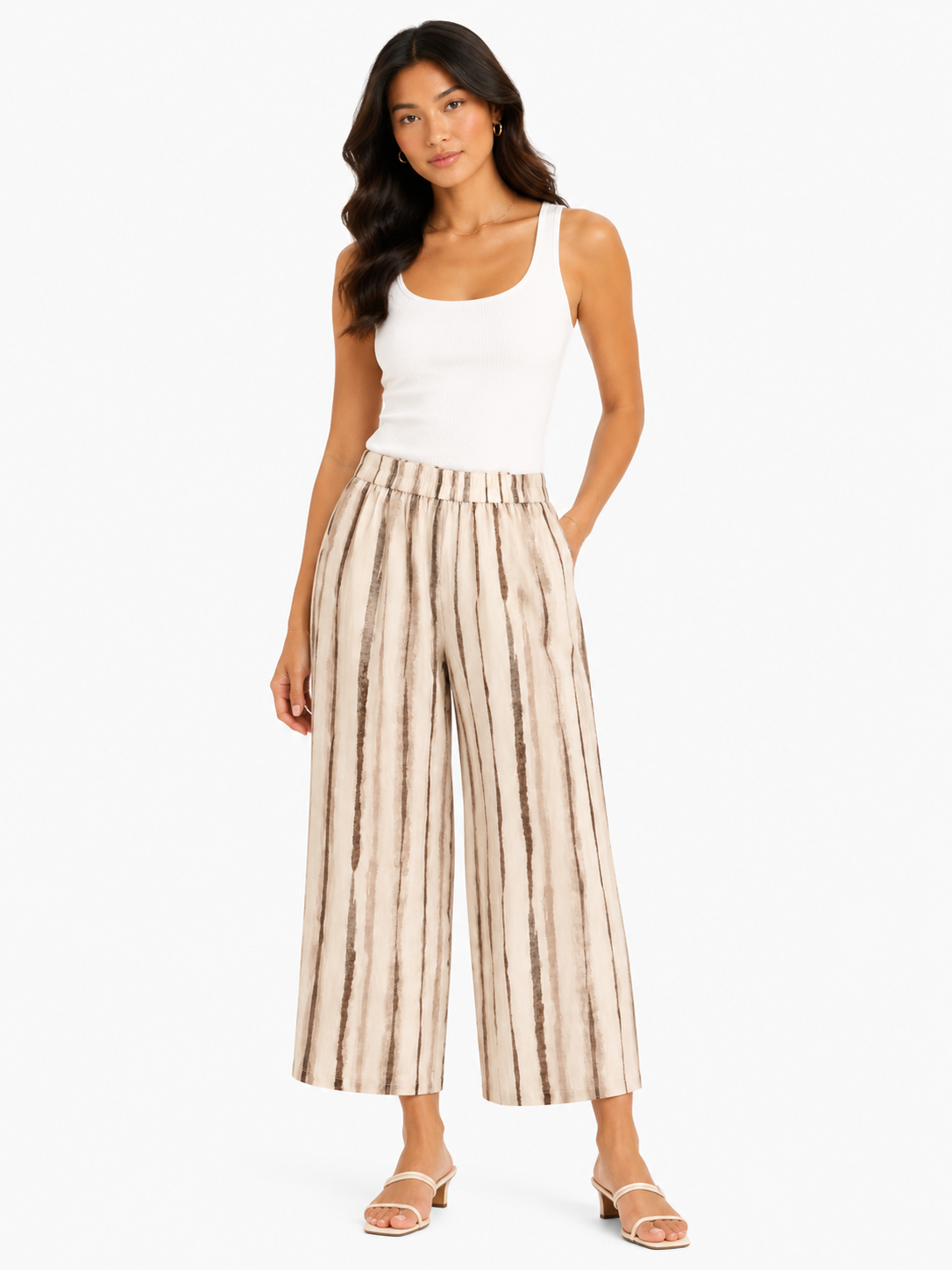 Beige striped wide-leg palazzo pants