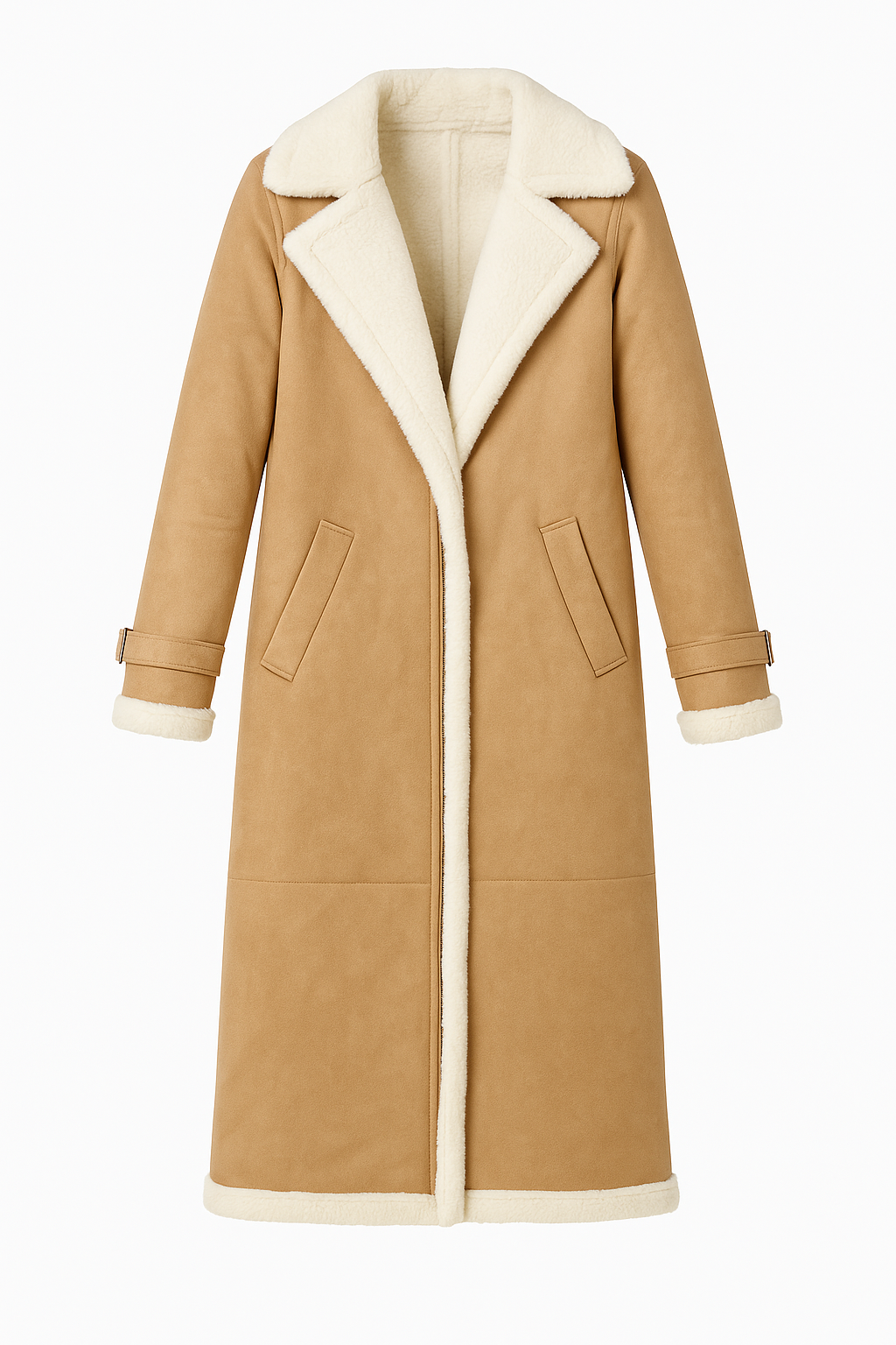 Camel Shearling Long Coat with Contrast Lining
