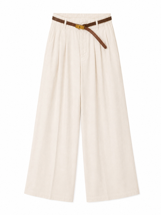 Women high-waist wide leg pants with blet-cream