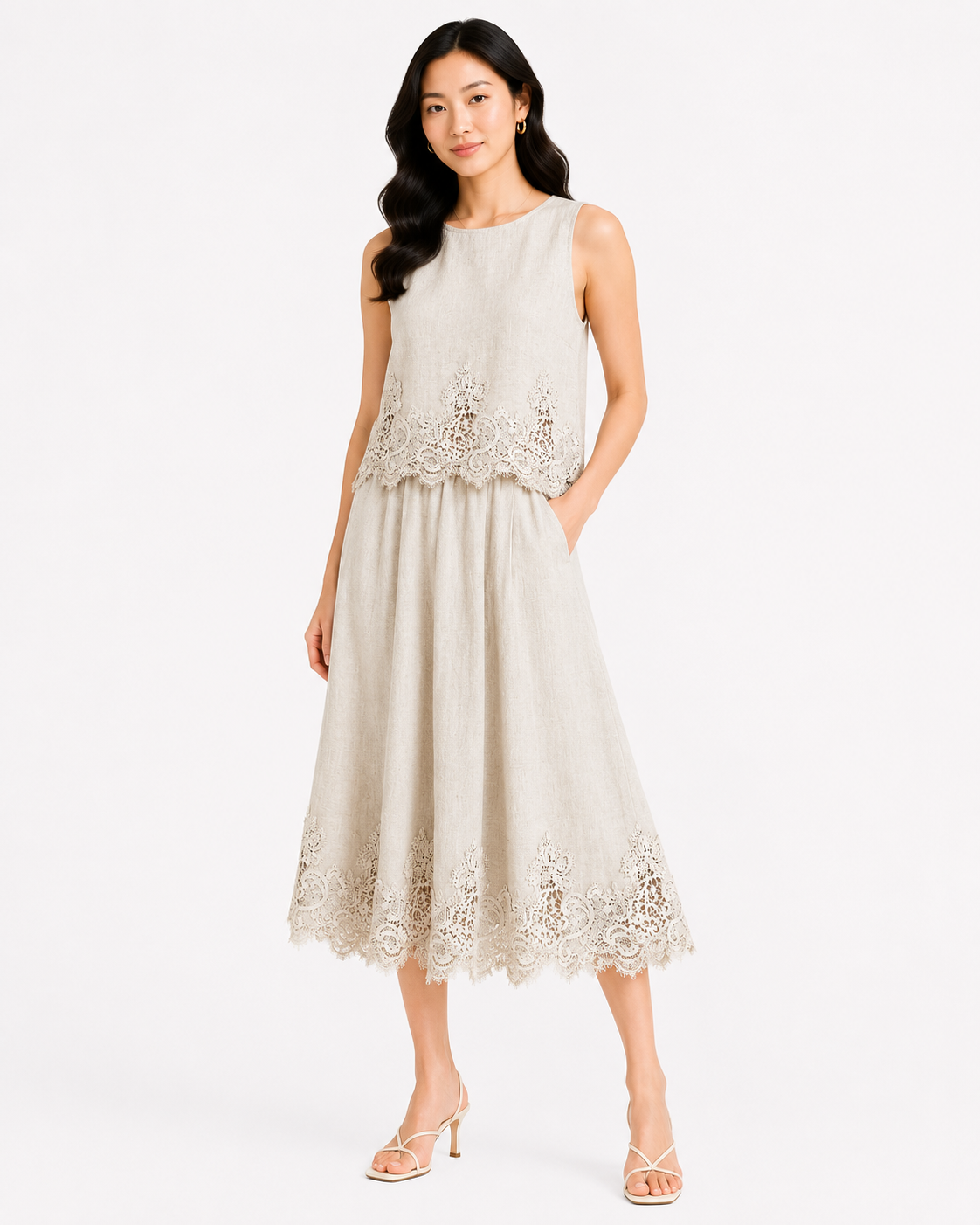 Women’s Beige Lace-Trim Sleeveless Top & Midi Skirt Set