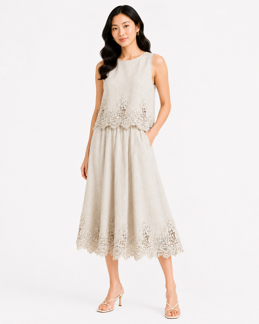 Women’s Beige Lace-Trim Sleeveless Top & Midi Skirt Set