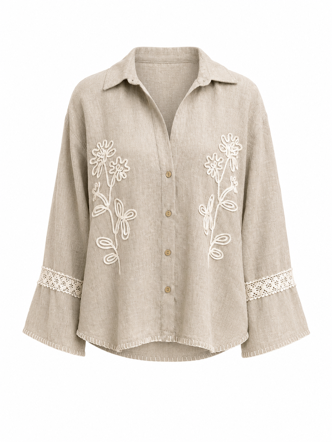 Women beige floral embroidered line blouse