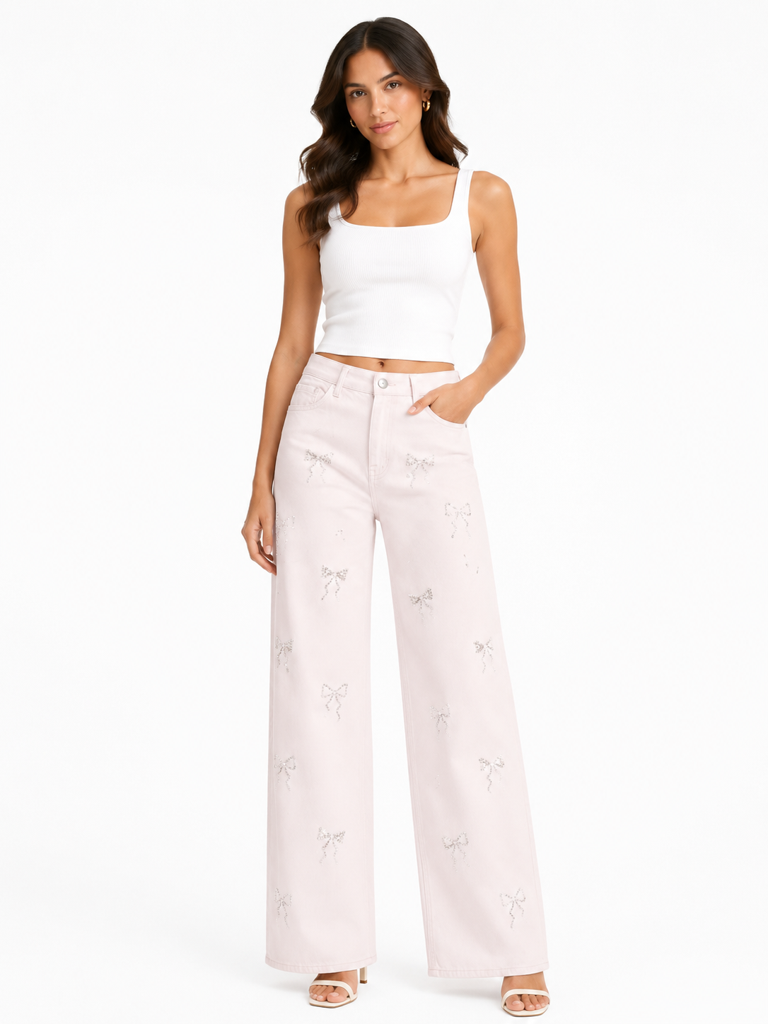 Women blush bow embellished wide-leg pants