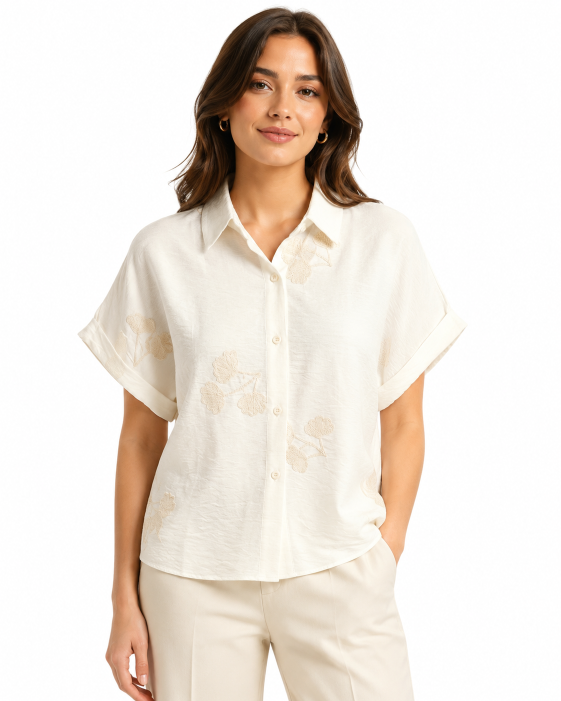 Ivory embroidered floral button-up shirt