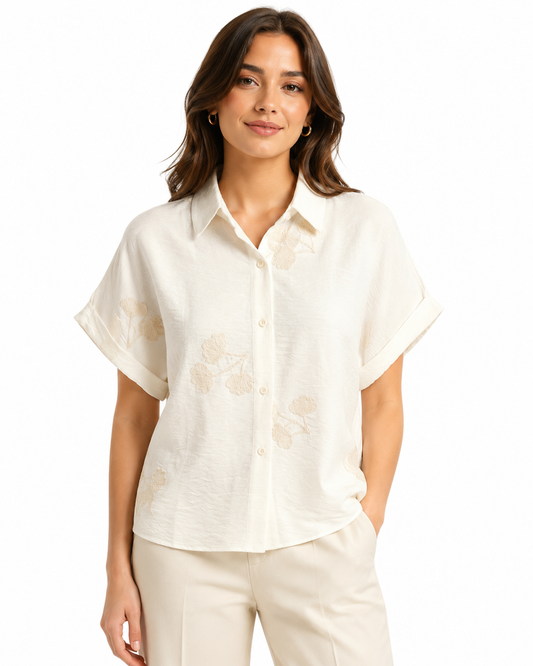 Ivory embroidered floral button-up shirt