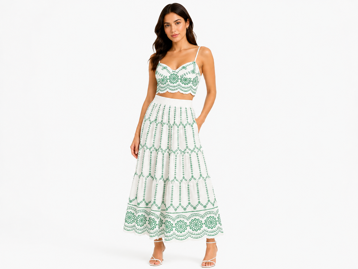 Women white & green embroidered two-piece skirt set