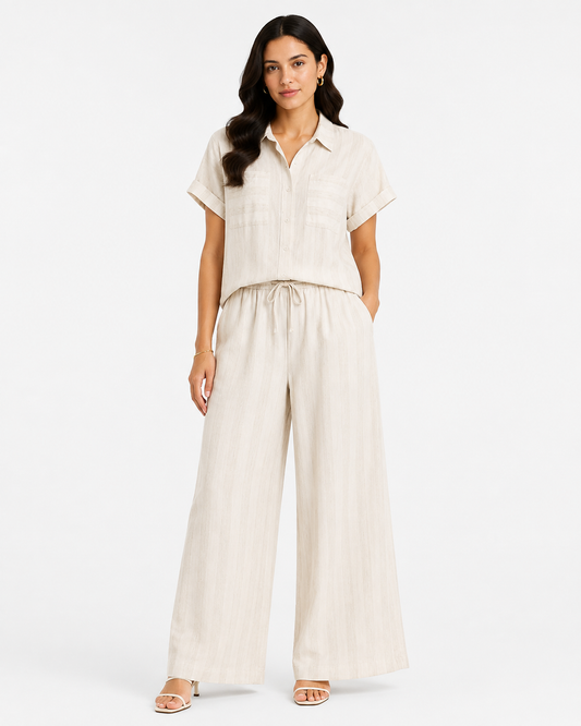 Women’s Cream Short-Sleeve Shirt & Wide-Leg Pants Set