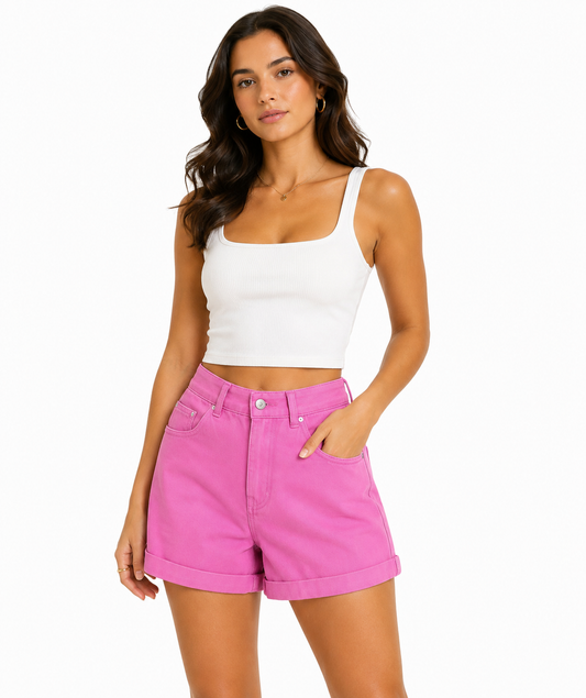 Women’s high-waisted pink denim shorts