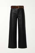 Black Faux Leather Wide-Leg Pants with Brown Belt