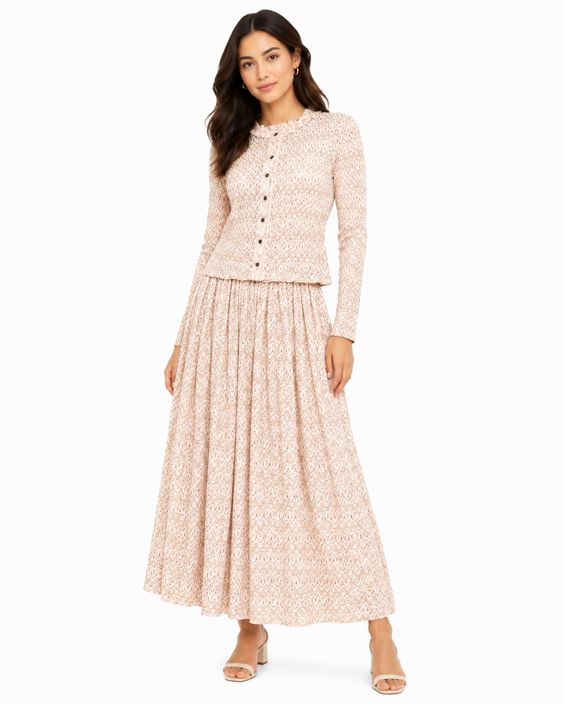 Women’s Beige Chevron Lace Button-Up Top & Maxi Skirt Set
