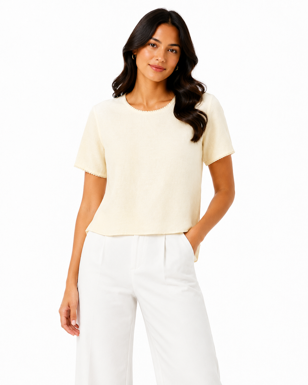 Women’s Ivory Pearl-Trim Short-Sleeve Blouse