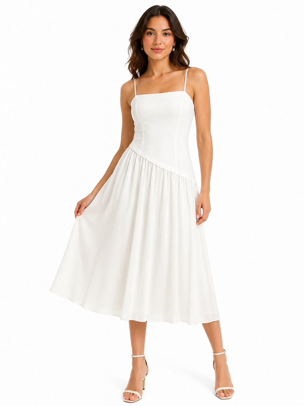 Women white corset midi dress-elegant spaghetti strap