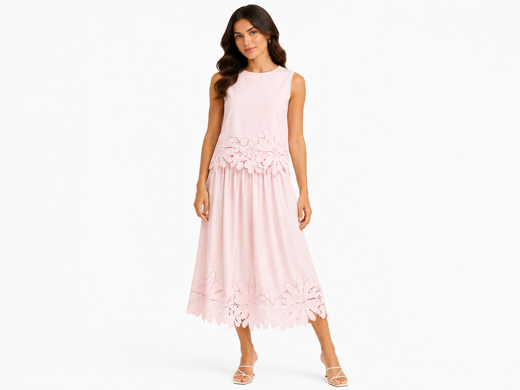 Blush floral lace top& midi skirt set