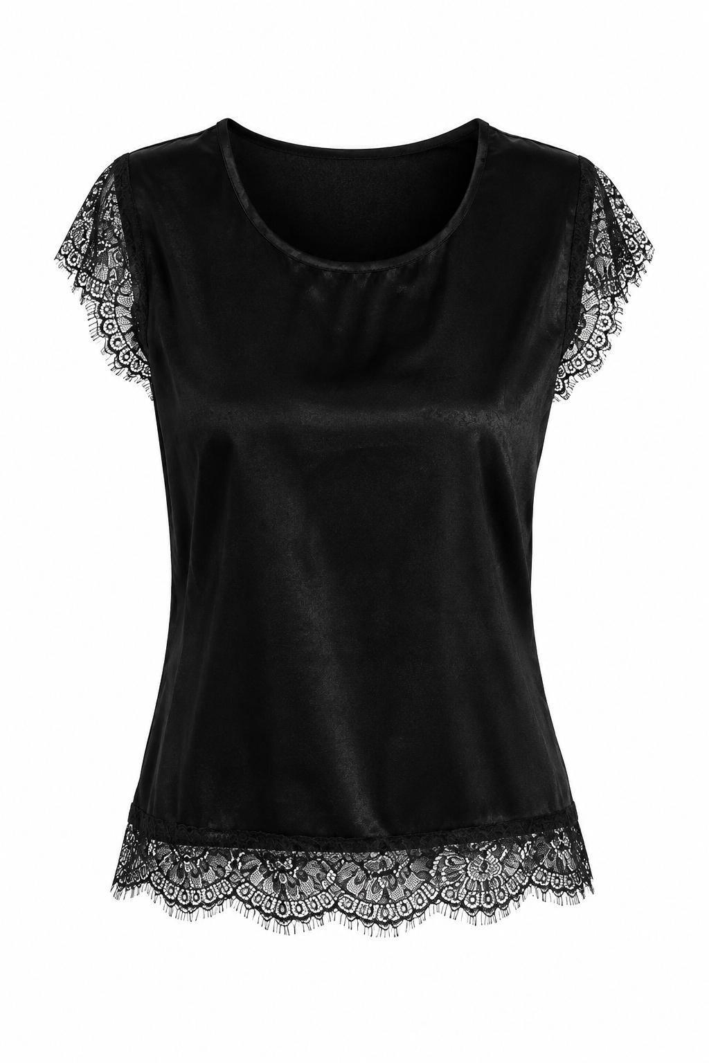 Black satin lace trim top