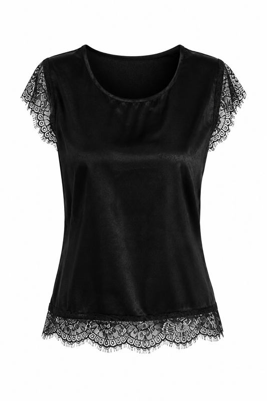 Black satin lace trim top
