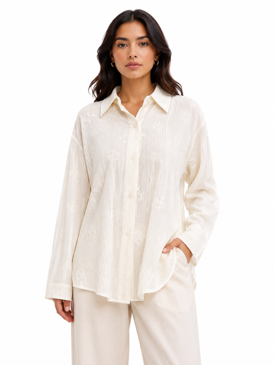 Ivory embroidered textured button-up blouse