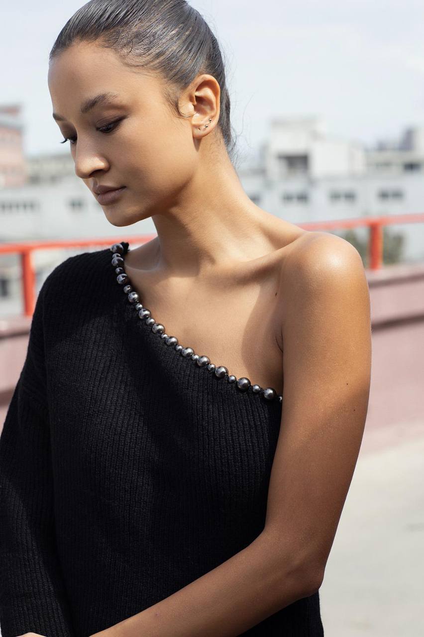 Black One-Shoulder Knit Top with Pearl Trim