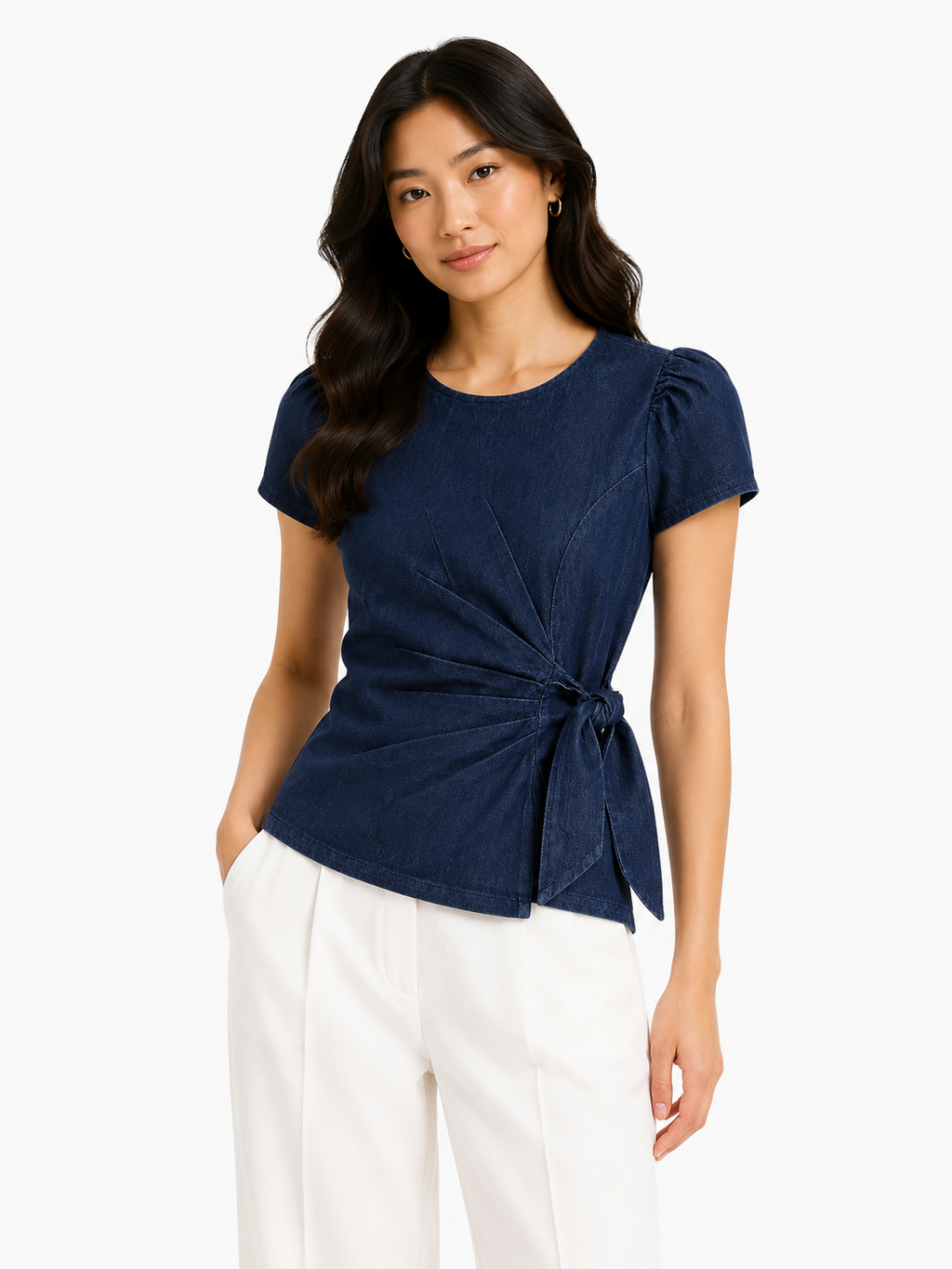Women navy tie-waist puff sleeve blouse