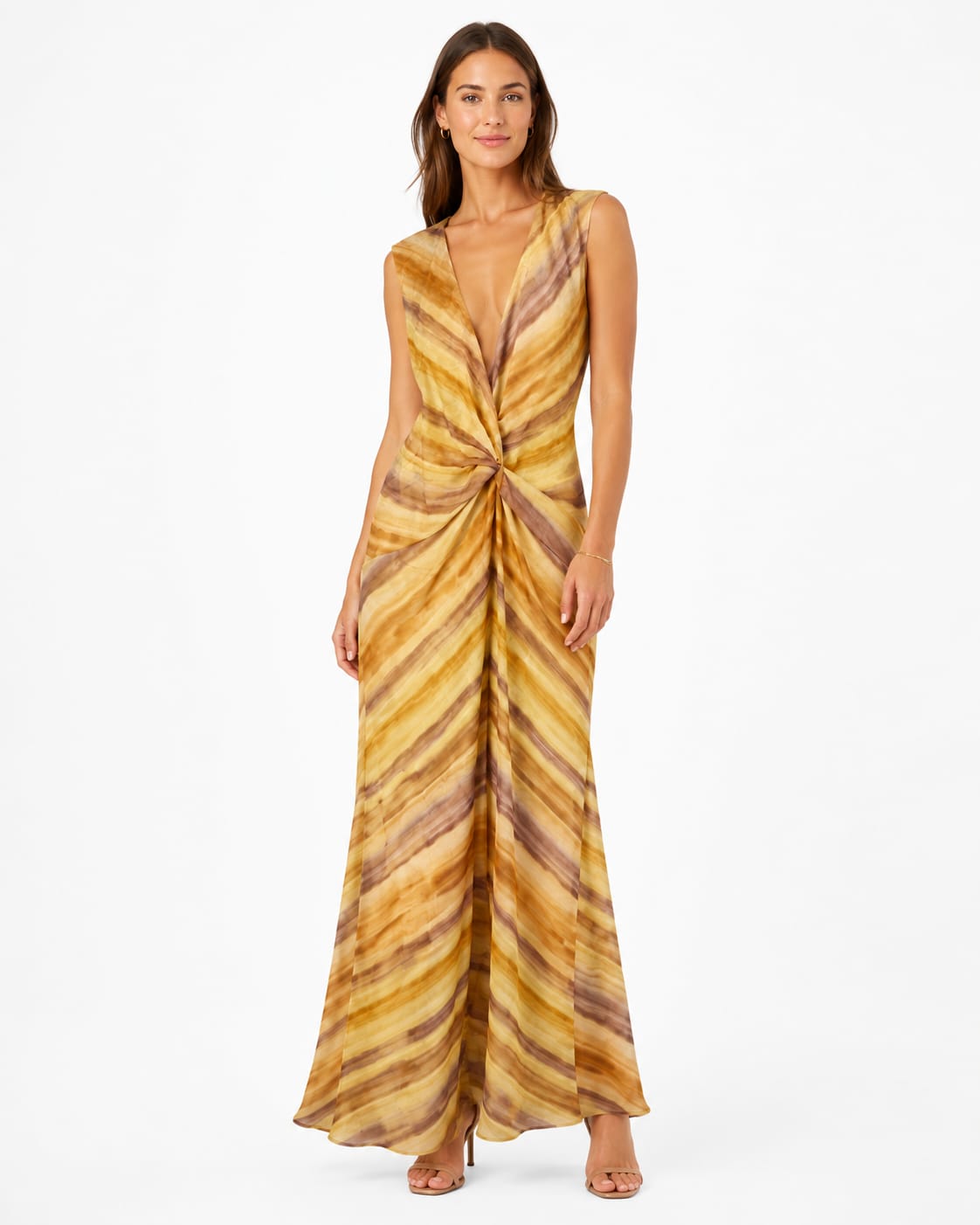 Golden Marble-Print Twist-Front Maxi Dress