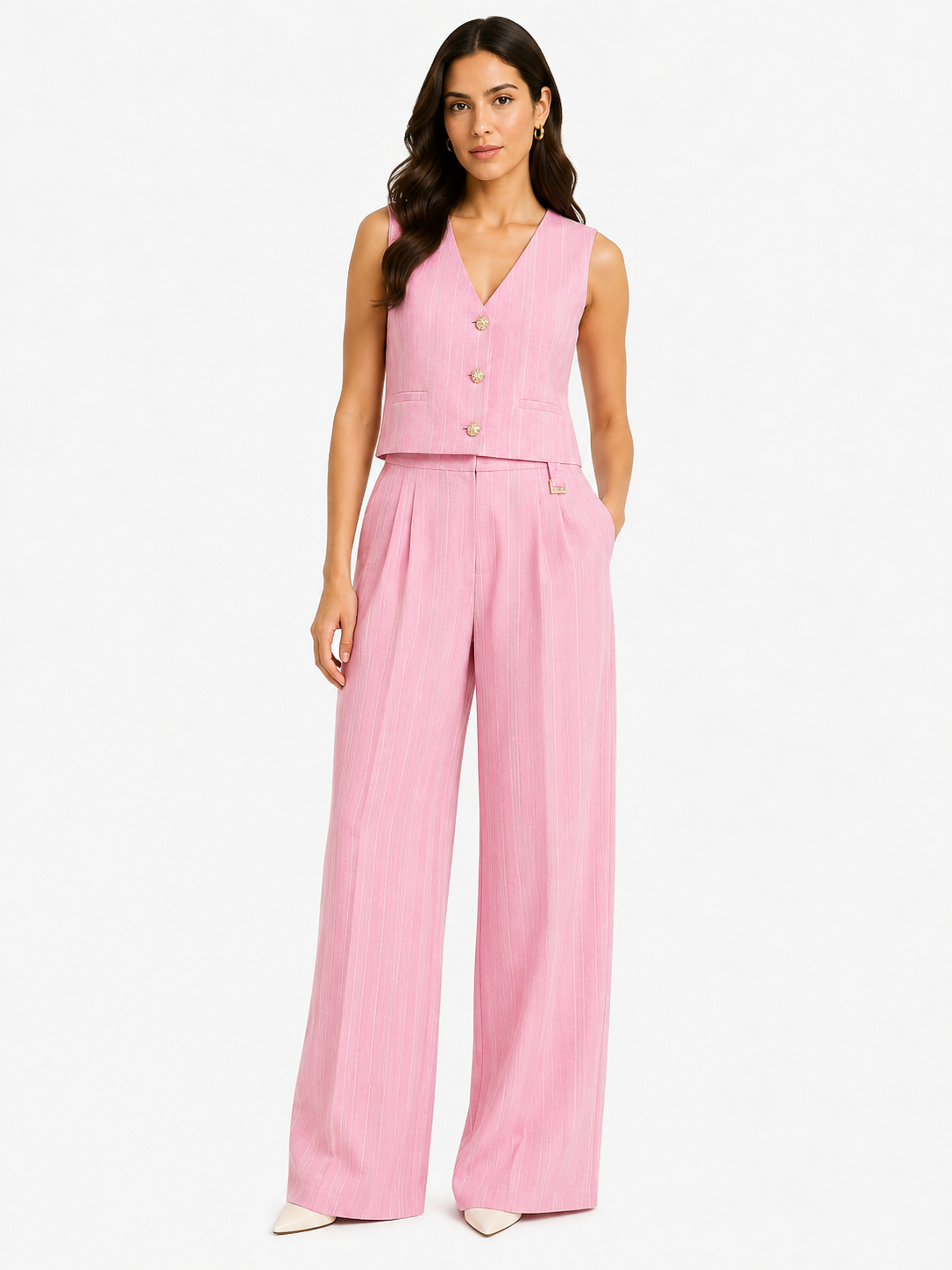 Pink pinstripe west & wide-leg pants set