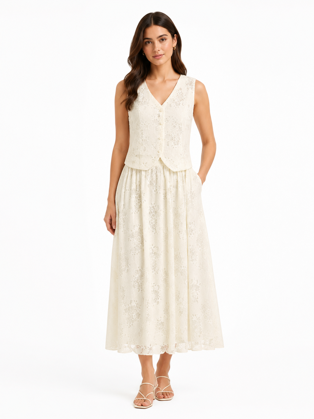 Ivory pearl lace vest & maxi skirt set
