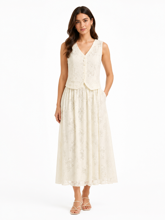 Ivory pearl lace vest & maxi skirt set