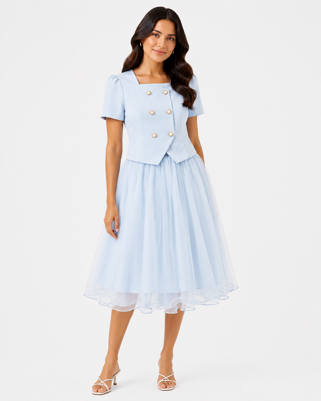 Women pastel blue tulle skirt& puff-sleeve top set