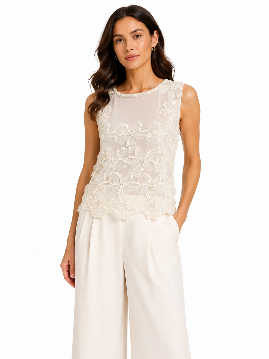 Ivory pearl embellished floral mesh top