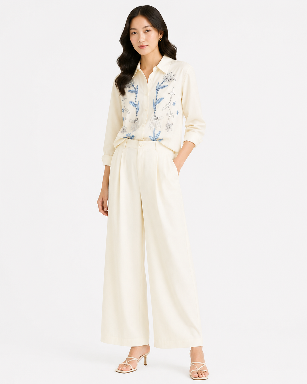 Women ivory embroidered shirt& wide-leg pant set