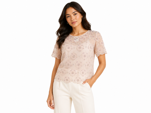 Blush floral beaded mesh top