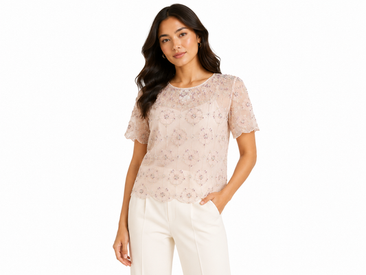 Blush floral beaded mesh top