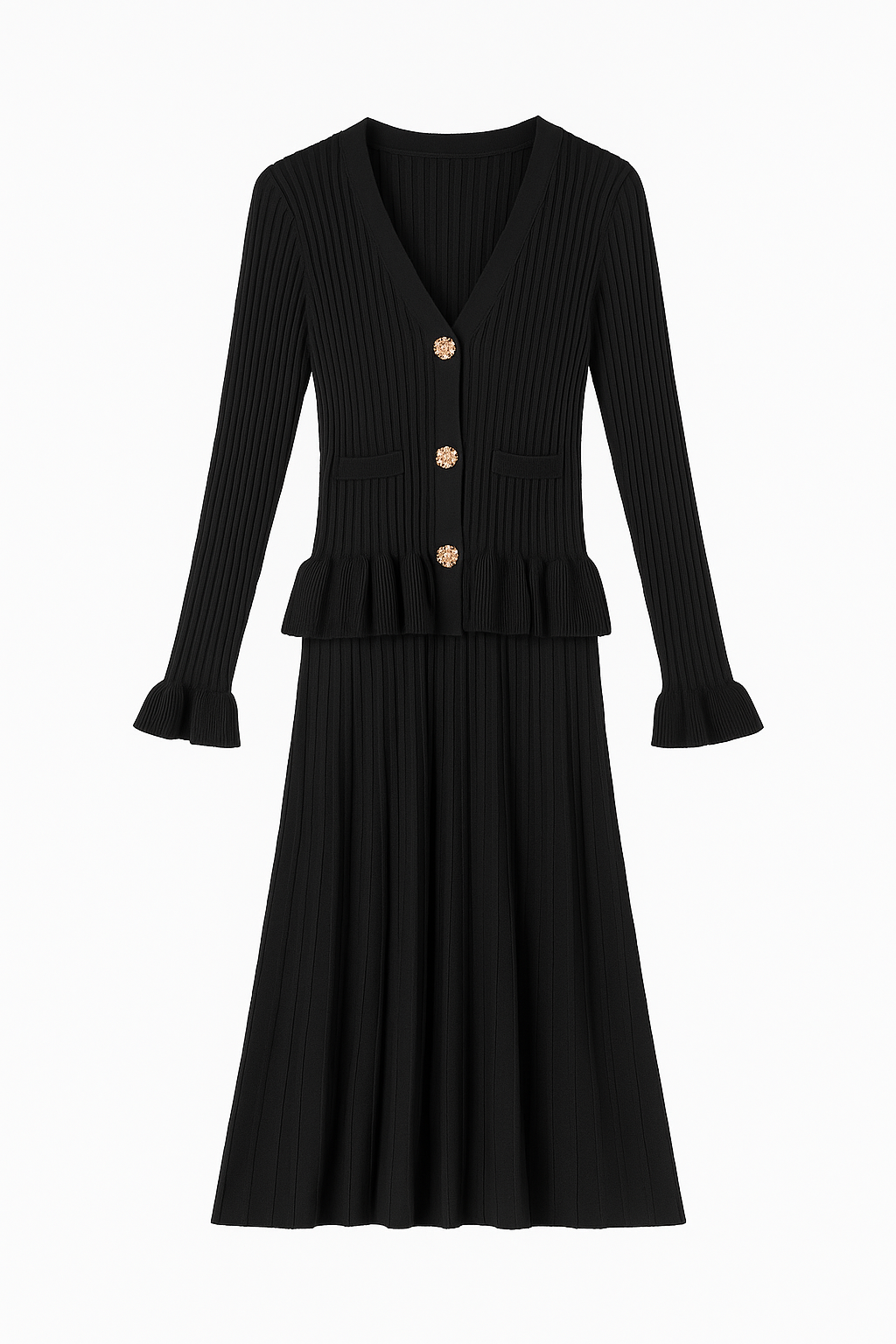Black Ribbed Knit Peplum Cardigan Dress