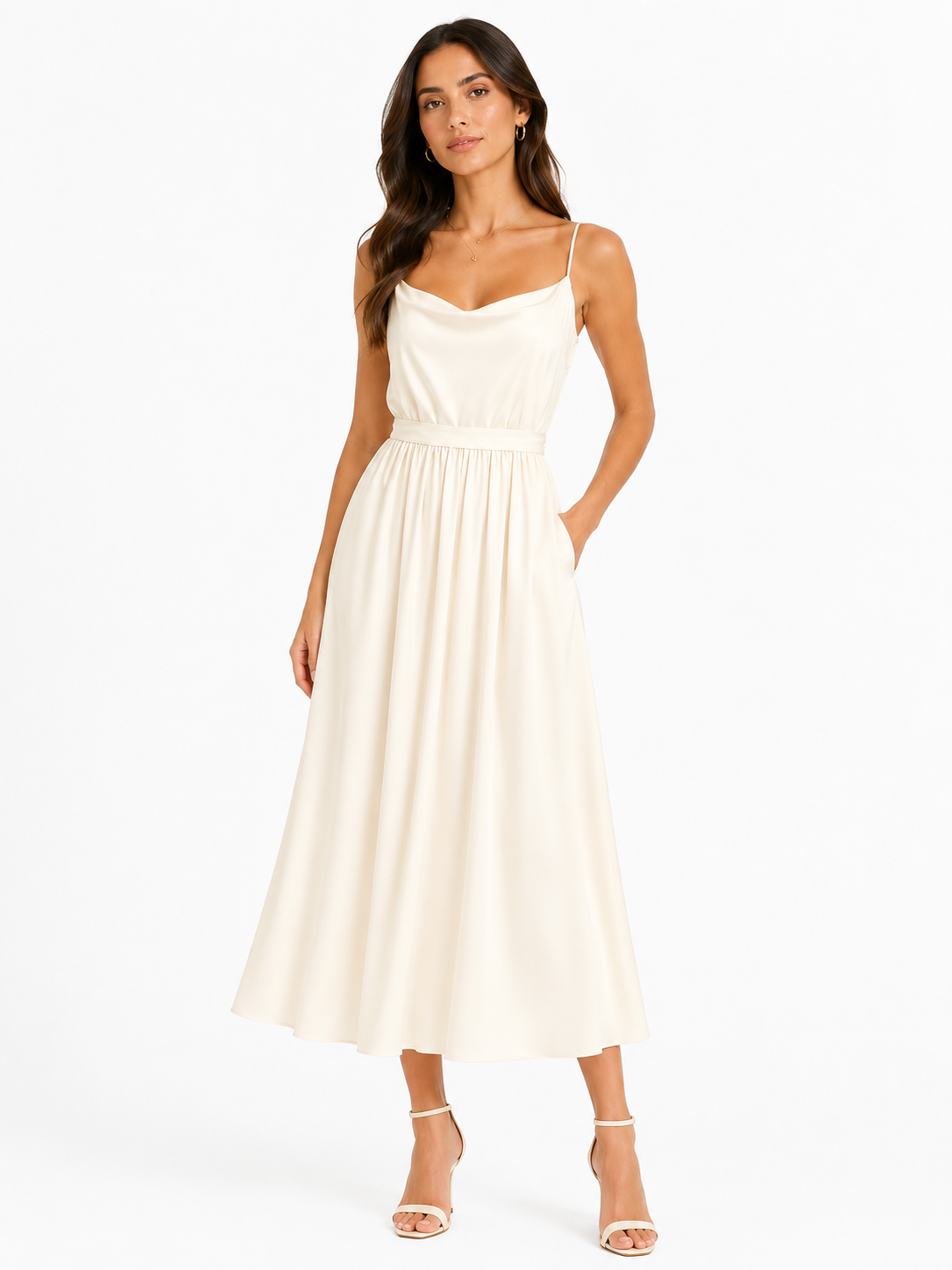 Women’s elegant ivory cowl neck maxi dress with waist tie