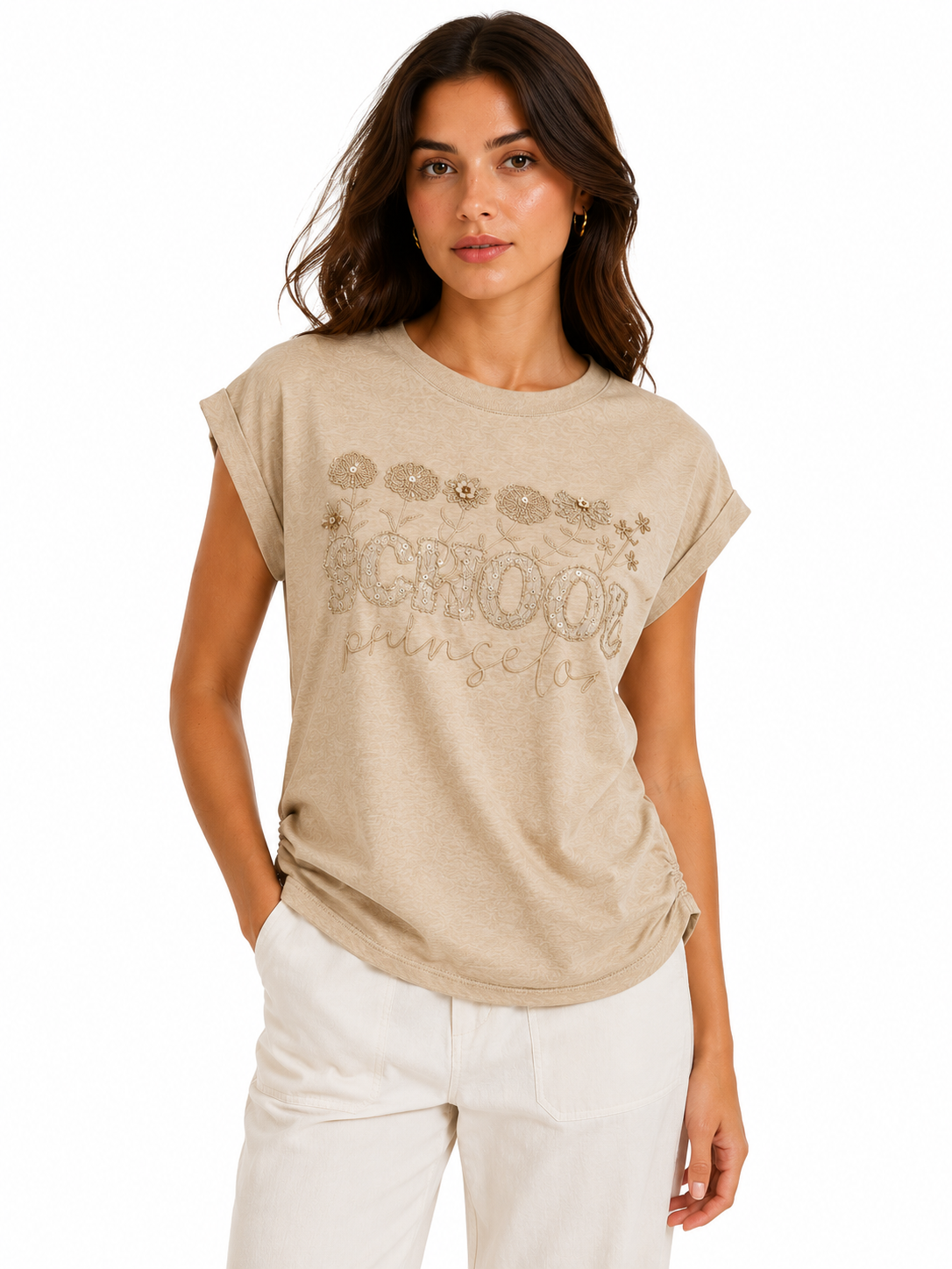 Beige embellished t-shirt