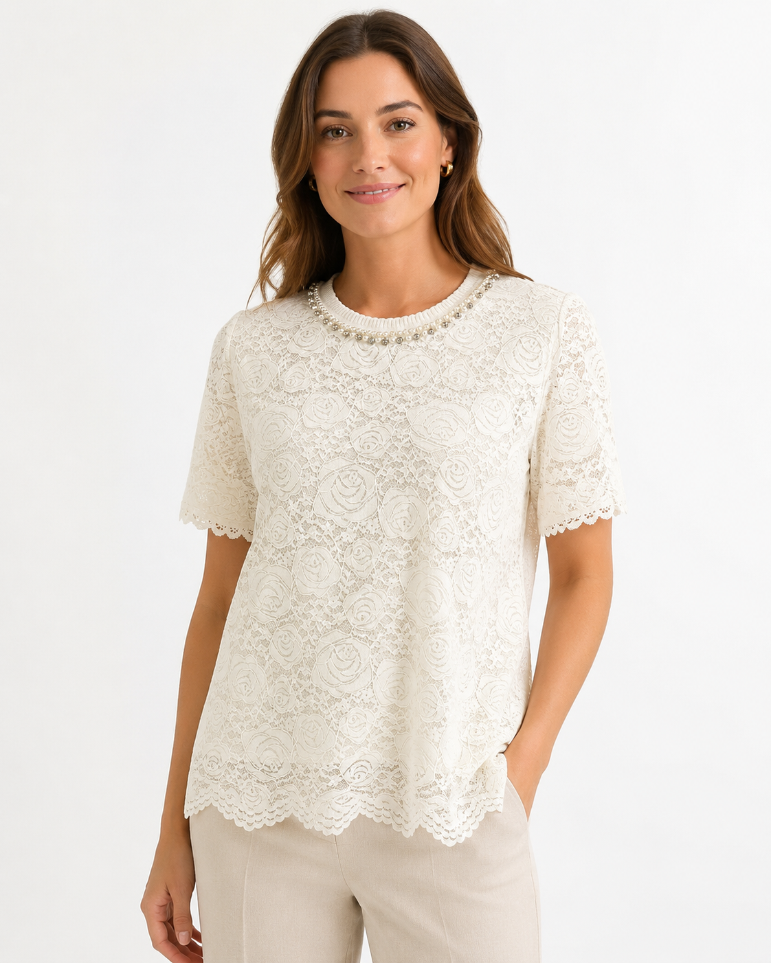 Ivory rose lace pearl-neck top