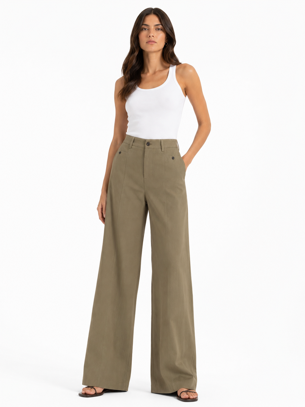 Khaki high-waisted wide-leg culotte pants