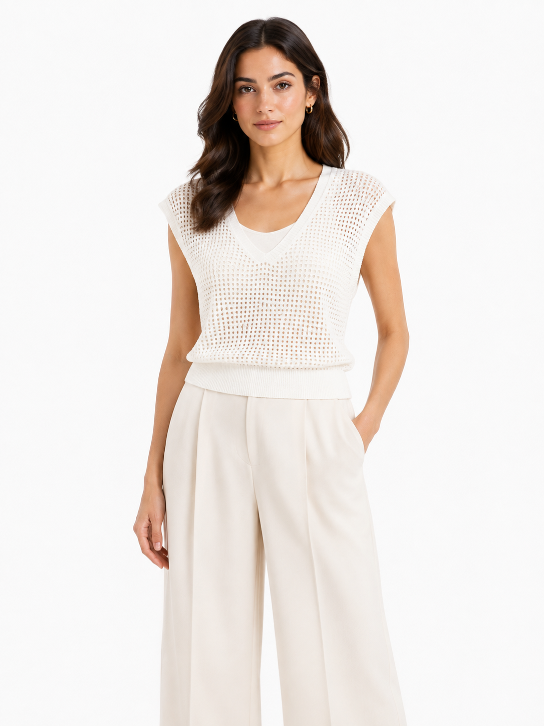 Women’s Ivory Open-Knit V-Neck Sweater Vest