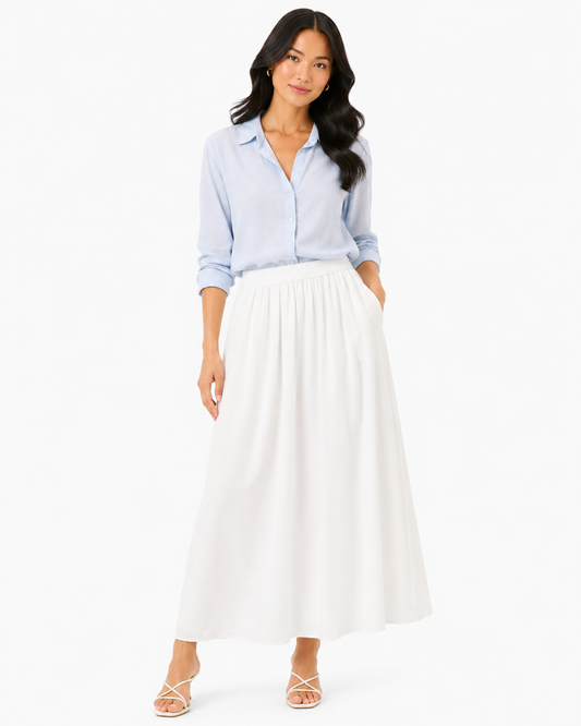 Women’s White Elastic-Waist Flowy Maxi Skirt