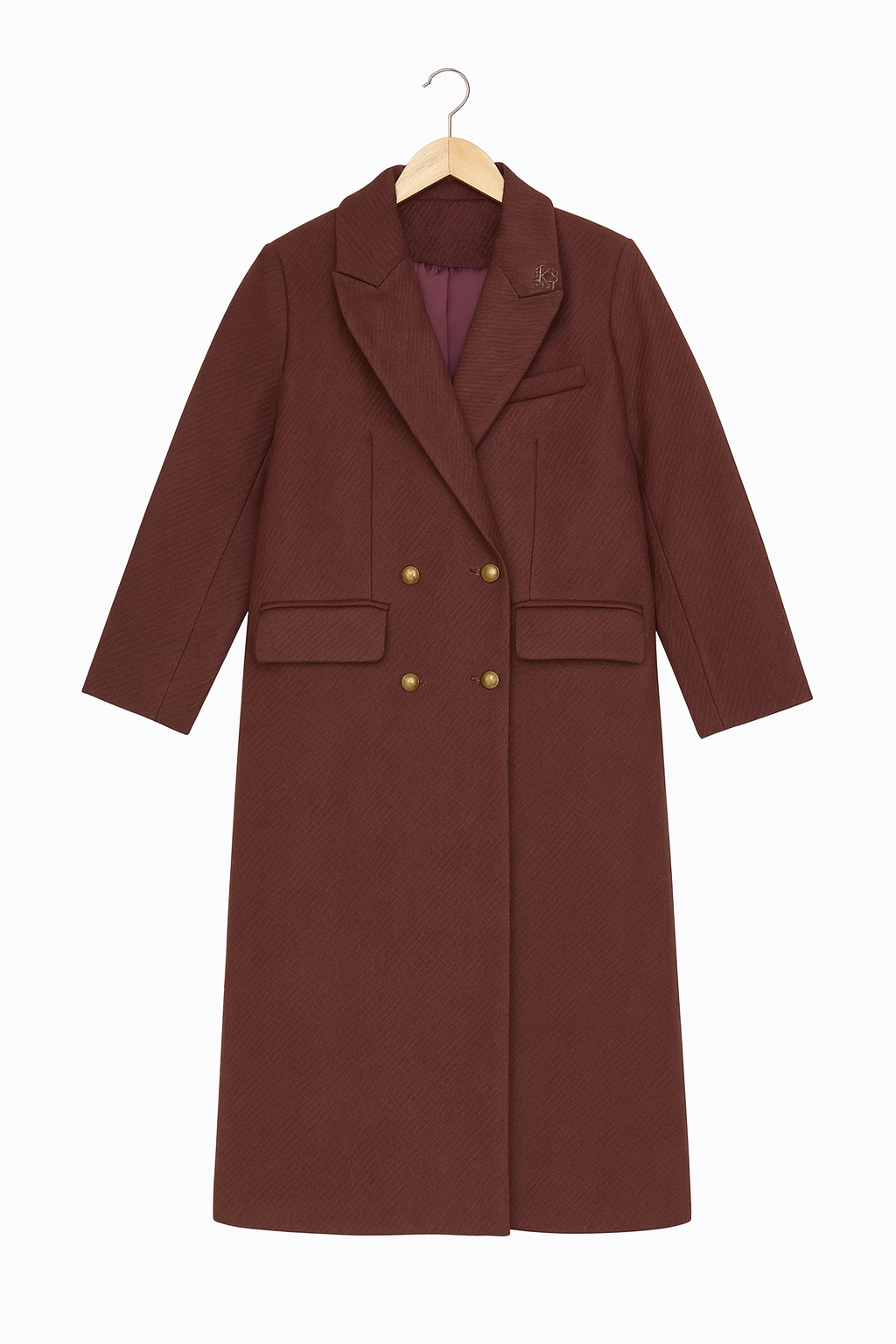 Double-Breasted Burgundy Wool Coat with Gold Buttons